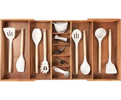 Kitchenedge Premium įrankių ir stalo įrankių stalčių organizatorius, išplečiamas nuo 40 iki 71 cm pločio, 10 skyrių, maistinis premium akacijos medienos apdaila, virtuvės laikymo dėklas