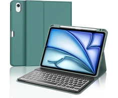 Klaviatūra, skirta ipad air 11 2025 m3/2024 m2, 7 spalvų apšvietimas, apsauginis dėklas su rašiklio laikikliu, dėklas su bluetooth magnetine qwertz klaviatūra, skirta ipad air 7-osios/6-osios kartos 11 colių m3/m2, tamsiai žalia