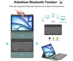 Klaviatūra, skirta ipad air 11 2025 m3/2024 m2, 7 spalvų apšvietimas, apsauginis dėklas su rašiklio laikikliu, dėklas su bluetooth magnetine qwertz klaviatūra, skirta ipad air 7-osios/6-osios kartos 11 colių m3/m2, tamsiai žalia