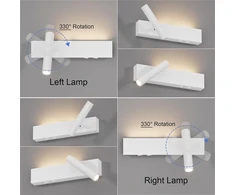 Klighten 2 Led vidaus sieninių šviestuvų rinkinys, 3 W + 3 W sieninis šviestuvas, 2 lemputės, 3000 K sieniniai šviestuvai su 2 jungikliais, apvalus sieninis prožektorius, 330° pasukamas / 60° reguliuojamas, svetainei, aliuminis, šilta šviesa