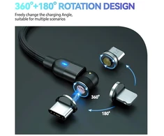 Knocery magnetinis įkrovimo kabelis, 3 viename magnetinis kabelis, 360° ir 180° pasukamas Micro Usb/type C/i produktui, 60w greitas įkrovimas 3a ir duomenų perdavimas