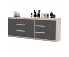 Komoda Sonoma/antracitas 200 cm Didelė komoda su 6 stalčiais ir 3 durelėmis Baldų Komplektas