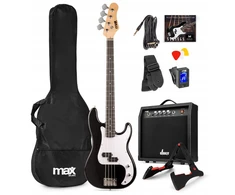 Komplektas: Max elektrinė bosinė gitara juoda Gigkit stiprintuvas stovas priedai