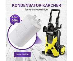 Kondensatorius 25µf 500v - pakaitalas Kärcher 9.085-013.0 varikliui - Cbb60 25 500vac, skirtas K2 slėginiams plovikliams