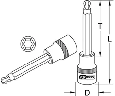 Ks tools 911.166 šešiakampis antgalis, su rutuliniu galu, ilgas, 1/2 colio, 10 mm