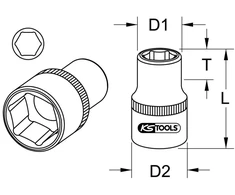 Ks tools 964.1412 nerūdijančio plieno šešiakampis galvutė, 1/4", 12 mm