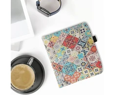 Kwmobile dėklas su atverčiamu dangteliu, skirtas pocketbook era/era colour - priekinis skyrius, rankos dirželis - medžio maroko plytelės, įvairiaspalvis rudas