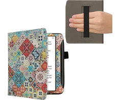 Kwmobile dėklas su atverčiamu dangteliu, skirtas pocketbook era/era colour - priekinis skyrius, rankos dirželis - medžio maroko plytelės, įvairiaspalvis rudas