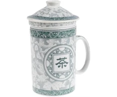 Lachineuse - kinietiškas puodelis "chinese Characters" - porcelianinis arbatos puodelis su sieteliu ir dangteliu - žalios ir baltos spalvos - tradiciniai kinietiški indai - azijietiška dovana
