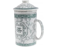 Lachineuse - kinietiškas puodelis "chinese Characters" - porcelianinis arbatos puodelis su sieteliu ir dangteliu - žalios ir baltos spalvos - tradiciniai kinietiški indai - azijietiška dovana
