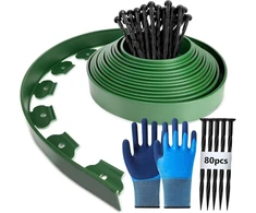 Lankstus plastikinis vejos apvadas, 20 m (i) x 5 cm (a), vejos apvadas, gėlyno apvadas, su 80 įžeminimo inkarų + 1 pora pirštinių (žalias)