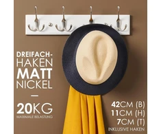 Larhn baltas pakabinamas rūbų kabykla su 4 kabliukais matiniu nikeliu, 42 cm sieninė kabykla prieškambariui, spintai, miegamajam ir vonios kambariui