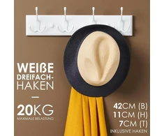 Larhn pakabos baltos (2 vnt.) - balta drabužių kabykla su 4 kabliukais - 42 cm - sieninės drabužių pakabos - sieninė drabužių kabykla prieškambariams, spintoms, miegamiesiems ir vonios kambariams