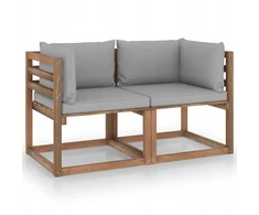 Lauko baldų komplektas Sodo dvivietė sofa iš palečių su pilkomis pagalvėlėmis, pušis