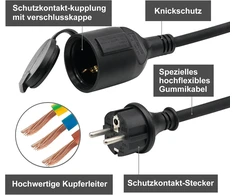 Lauko ilgintuvas 2 m, skirtas naudoti lauke, guminis maitinimo ilgintuvas su schuko kištuku, ip44 ilgintuvas, h07rn-f 3g 1.5 mm² kabelis, su apsauginiu dangteliu, 3500 w, 16 a 250 v, juodas