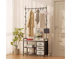 Leader Accessories drabužių kabykla su suoliuku, metalinė rūbų kabykla, rustikinė, 176 x 30 x 84 cm (a x G x P), juoda/šviesiai pilka medžio imitacija