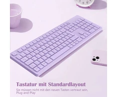 Leadsail belaidė klaviatūra Qwertz vokiečių išdėstymas Usb jungtis 2,4 Ghz belaidė klaviatūra su multimedijos klavišais, natūralaus dydžio, suderinama su Pc, kompiuteriu, nešiojamuoju kompiuteriu, Windows, violetinė
