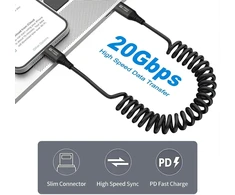 Leehitech spiralinis usb c–usb c kampinis kabelis (0,5 m–1,8 m) 20 gbps 100 w greito įkrovimo kabelis automobiliui, mobiliojo telefono įkrovimo kabelis 8k @ 60 hz, 90 laipsnių duomenų kabelis, skirtas iphone 16/15 pro max, galaxy s24/s23