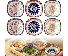 Lekefeto Boho stiliaus maži padažų indeliai: Keramikiniai padažų indeliai, 6 vnt. rinkinys, 200 ml prieskonių indeliai, kraunami sojų padažo indeliai, sojų padažo indeliai, skirti sojų padažui, užkandžiams, suši, skersmuo 9,4 cm