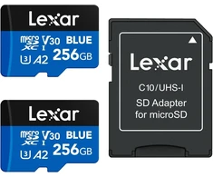 Lexar Mėlyna Micro Sd kortelė 256gb 2 vnt. iki 160mb/s skaitymo greitis Microsdxc Uhs-i kortelė C10 U3 V30 A2 Full Hd &amp; 4k vaizdo įrašams, didelės spartos atminties kortelė išmaniesiems telefonams/planšetiniams kompiuteriams/veiksmo kameroms