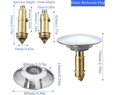 Lianchen pop-up kriauklės kamštis universalus vonios kamštis tvirtas žalvarinis chromuotas su spyruokliniu mechanizmu kriauklės vonios kambario kanalizacijos montavimui (skersmuo 66 mm)