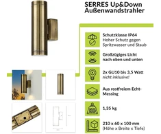 Licht-erlebnisse Serres sieninis šviestuvas, antikvarinis žalvaris, Ip64, terasai, balkonui, gylis: 10 cm, Gu10, maks. 3,5 W, aukštyn ir žemyn, 2 lemputės, nostalgiškas lauko sieninis šviestuvas