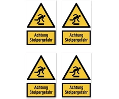 Lipdukas 150 x 100 mm, 4 vnt. – Achtung Stolpergefahr – įspėjamasis ženklas su tekstu (vokiečių kalba) (geltonas/juodas) – vertikalus – W007 – din en iso 7010 / asr a1.3