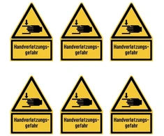 Lipdukas 75 x 50 mm, 6 vnt. – rankos trauma – įspėjamasis ženklas su tekstu (vokiečių k.) (geltonas/juodas) – Dreick – W024 – din en iso 7010 / asr a1.3