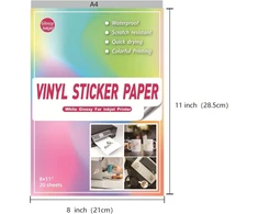 Lipduko popierius, skirtas spausdinti rašaliniams spausdintuvams A4, blizgus baltas, 20 lapų Skyiol vinilo lipduko popierius, vandeniui atsparus spausdinamas etikečių popierius, lipnus lipduko popierius, skirtas rašaliniam spausdintuvui