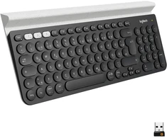 Logitech K780 belaidė klaviatūra, Bluetooth ir 2,4 Ghz jungtis, kelių įrenginių ir Easy-switch funkcija, integruotas laikiklis, Pc / Mac / planšetinis kompiuteris / išmanusis telefonas, vokiškas Qwertz išdėstymas - tamsiai pilka / balta