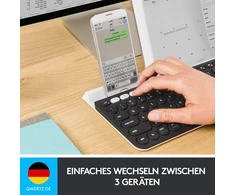 Logitech K780 belaidė klaviatūra, Bluetooth ir 2,4 Ghz jungtis, kelių įrenginių ir Easy-switch funkcija, integruotas laikiklis, Pc / Mac / planšetinis kompiuteris / išmanusis telefonas, vokiškas Qwertz išdėstymas - tamsiai pilka / balta