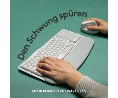 Logitech Wave Keys belaidė ergonominė klaviatūra, paminkštintas riešo atlošas, patogus natūralus rašymas, Easy Switch, Bluetooth, Logi Bolt, Multi-os, Windows/mac, vokiškas Qwertz išdėstymas, balta