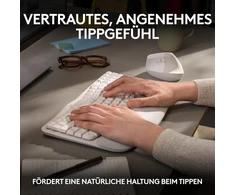 Logitech Wave Keys belaidė ergonominė klaviatūra, paminkštintas riešo atlošas, patogus natūralus rašymas, Easy Switch, Bluetooth, Logi Bolt, Multi-os, Windows/mac, vokiškas Qwertz išdėstymas, balta