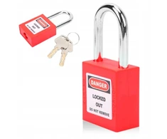 Loto Lockout spyna, darbo saugos, plieno užrakto strypas 38 mm, raudona, 2 raktai