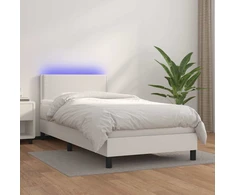 Lova su spyruoklėmis/čiužiniu/LED, balta 100x200cm dirbtinė oda