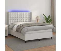 Lova su spyruoklėmis/čiužiniu/LED, balta 140x190cm dirbtinė oda