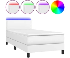 Lova su spyruoklėmis/čiužiniu/LED, balta 100x200cm dirbtinė oda