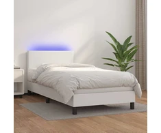 Lova su spyruoklėmis/čiužiniu/LED, balta 100x200cm dirbtinė oda
