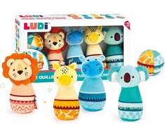 Ludi - medžiaginis kūgis - žaislas ropojimui - boulingo žaidimas - minkšta medžiaga - stabilus - tylus - nuo 10 mėnesių - 1 kamuolys ir 4 pasverti kūgiai - 1 liūtas, 1 hipopotamas, 1 koala, 1 žirafa - 6 x 6 x 14 cm