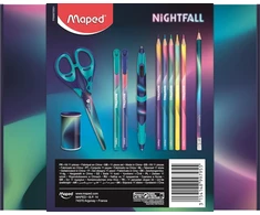 Maped Nightfall 11 dalių dovanų rinkinys - 1 žirklės + 1 drožtukas + 1 grafito pieštukas + 2 plono galiuko flomasteriai + 1 4 spalvų dvigubo galiuko tušinukas + 5 spalviniai pieštukai