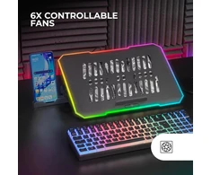 Mars Gaming Mnbc7, aušinimo pagrindas ir stovas 16 colių, rgb 10 režimų, 6 valdomi ventiliatoriai, 6 padėčių stovas, išmaniojo telefono stovas, 2 usb 2.0, juodas