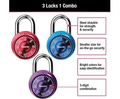 Master Lock 1533tri mini pakabinamos spynos su kodu, mėlyna, violetinė ir raudona spalvos, 3 vnt.