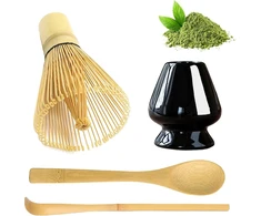 Matcha šluotelės 4 dalių rinkinys, Matcha šluotelė, Matcha žaliosios arbatos šluotelė, Matcha rinkinys pradedantiesiems, bambukinis šaukštas, bambukinis semtuvas, šluotelės laikiklis, skirtas namams, biurui ir arbatos kambariui, juodas