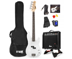 Max bosinė gitara, baltas komplektas + stiprintuvas, stovas, dėklas, priedai