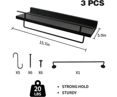 Maxawe medinė sieninė lentyna, apkrova 20 kg, juodos sieninės lentynos su rankšluosčių laikikliu, 3 lentynos su 5 kabliukais, plaukiojanti lentyna 40 cm, sieninė lentyna vonios kambariui, virtuvei, miegamajam