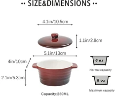 Maža troškintuvė 250 ml x 4, indai sufle su dangteliu - raudoni, kreminiai brûlée indeliai iš porceliano, sriubos puodeliai su rankena, desertinis dubenėlis sufle, keksiukams, bandelėms, fondantams ir vaisiams