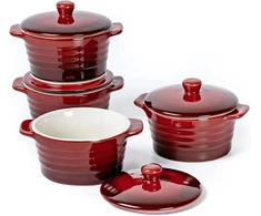 Maža troškintuvė 250 ml x 4, indai sufle su dangteliu - raudoni, kreminiai brûlée indeliai iš porceliano, sriubos puodeliai su rankena, desertinis dubenėlis sufle, keksiukams, bandelėms, fondantams ir vaisiams