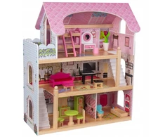 Melissa &amp; Doug Medinis lėlių namelis Melisa su priedais, 3 aukštų, balkonas, baldai, rožinis