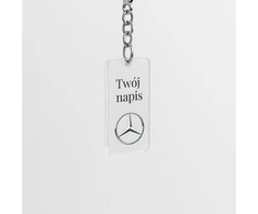 Mercedes raktų pakabukas su jūsų užrašu 60×30mm, skaidrus spaudinys + karabinas