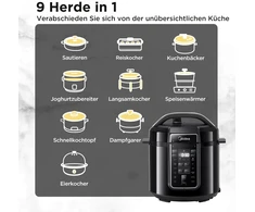 Garų puodas Midea elektrinis greitpuodis 6l, 9-in-1 daugiafunkcis puodas su 14 funkcijų, jogurto gaminimo aparatas, ryžių puodas, lėtas virimo puodas, sous vide, garintuvas, makaronų virimo puodas, nerūdijančio plieno vidinis puodas, juodas